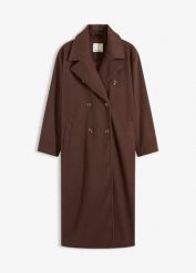 Płaszcz oversize z materiału w optyce wełny. Brązowe płaszcze damskie bonprix, bez wzorów, z wełny. Za 359.99 zł.