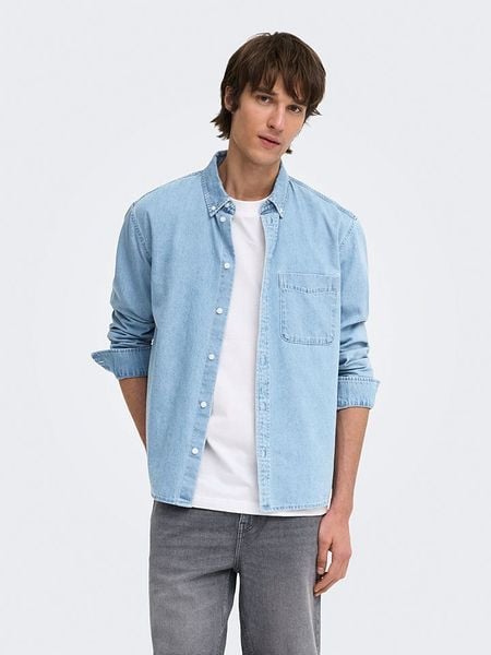 ONLY & SONS Koszula dżinsowa "Onsorson" - Regular fit - w kolorze błękitnym rozmiar: M. Niebieskie koszule męskie Only & Sons, m, bez wzorów, bez kołnierzyka, bez ramiączek. Za 87.40 zł.