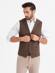 Dopasowana męska kamizelka ze strukturalnej dzianiny z klapami – brązowa V2 OM-BLZV-0144 - XXL. Brązowe kamizelki męskie Ombre Clothing, l, z dzianiny. Za 143.99 zł.