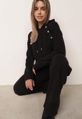 Czarny Komplet Dresowy Bluza z Kapturem z Ozdobnymi Guzikami i Spodnie Eborissa. Czarne bluzy z kapturem damskie Born2be, l, z dresówki. Za 169.99 zł.