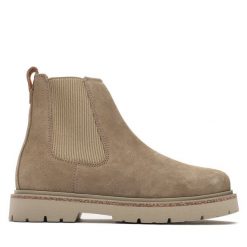 Sztyblety Birkenstock. Brązowe botki damskie Birkenstock, bez obcasa, na płaskiej podeszwie, bez zapięcia. Za 769.99 zł.