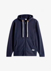Polarowa bluza rozpinana z kapturem i zewnętrznymi kieszeniami. Niebieskie bluzy z kapturem męskie bonprix, m, z polaru. Za 102.99 zł.