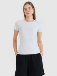 4F T-shirt slim z nadrukiem damski - szary XS. Szare t-shirty damskie 4f, xs, bez wzorów, z bawełny, bez kołnierzyka. Za 49.99 zł.