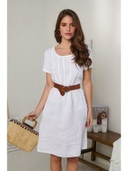 Rodier Lin Lniana sukienka w kolorze białym rozmiar: XL/XXL. Białe sukienki damskie Rodier Lin, na co dzień, xl, bez wzorów, ze lnu, bez kołnierzyka, bez ramiączek, midi, proste. Za 154.45 zł.