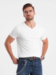 T-shirt męski V-NECK z elastanem - biały V1 OM-TSCT-0106 - XXL. Białe t-shirty męskie Ombre Clothing, l, bez wzorów, z bawełny, bez kołnierzyka. W wyprzedaży za 39.99 zł.