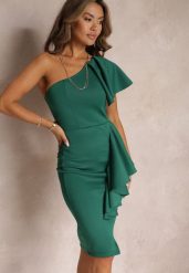 Zielona Asymetryczna Sukienka Bodycon z Falbanami na Jedno Ramię Imelia. Zielone sukienki damskie Renee, na imprezę, l, bez wzorów, z asymetrycznym kołnierzem, bez ramiączek, midi, asymetryczne. W wyprzedaży za 104.99 zł.