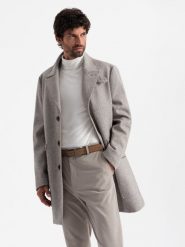 Jednorzędowy wzorzysty męski płaszcz z kieszeniami – popielaty V1 OM-COWC-0108 - XXL. Szare płaszcze męskie Ombre Clothing, l, bez wzorów, z materiału, klasyczne. Za 317.99 zł.