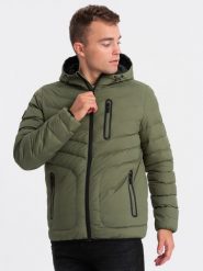 Sportowa kurtka męska pikowana - khaki V6 OM-JALP-0118 - XL. Brązowe kurtki treningowe męskie Ombre Clothing, m, bez wzorów, z nylonu. W wyprzedaży za 89.99 zł.