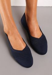 Granatowe Płaskie Balerinki z Siateczkowego Materiału Nelibra. Niebieskie baleriny damskie Renee, bez wzorów, bez obcasa, na płaskiej podeszwie. Za 39.99 zł.