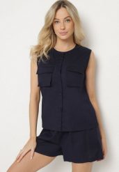 Granatowy Komplet z Wiskozy Szorty i Bluzka na Guziki z Kieszeniami Alaniella. Niebieskie szorty damskie Born2be, bez wzorów, z bawełny, eleganckie. Za 189.99 zł.