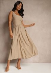 Ciemnobeżowa Rozkloszowana Sukienka z Wiskozy Milunisa. Brązowe sukienki damskie Renee, na co dzień, m, bez wzorów, z jeansu, eleganckie, bez kołnierzyka, bez ramiączek, maxi, rozkloszowane. W wyprzedaży za 69.99 zł.