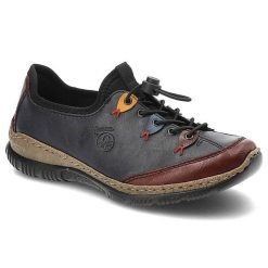 Granatowe Półbuty Rieker Wygodne Buty Damskie. Niebieskie półbuty damskie Rieker, bez wzorów, z materiału, bez obcasa, na płaskiej podeszwie. Za 297.99 zł.