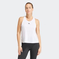Koszulka fitness damska ADIDAS bez rękawów. Białe bluzki sportowe damskie Adidas, l, z materiału, bez kołnierzyka, bez ramiączek. W wyprzedaży za 79.99 zł.