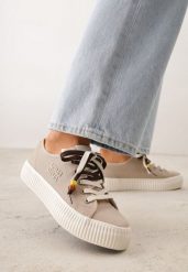 Beżowe Niskie Trampki z Podwójnymi Sznurówkami na Tłoczonej Platformie Astedella. Brązowe trampki i tenisówki damskie Renee, bez wzorów, z materiału. Za 109.99 zł.