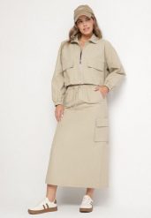 Jasnobeżowy Komplet z Bawełną Rozpinana Bluza i Spódnica Evariel. Brązowe bluzy bez kaptura damskie Born2be, l, z bawełny. Za 279.99 zł.