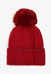 Bordowa Czapka Beanie Ozdobiona Metaliczną Nicią i Pomponem Delasirra. Czerwone czapki zimowe damskie Renee, z jeansu. Za 34.99 zł.