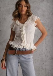 Biała Bluzka z Wiskozą w Prążki z Falbanami Eunione. Białe bluzki damskie Renee, l, bez wzorów, z jeansu, bez kołnierzyka, bez ramiączek. Za 99.99 zł.