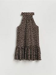 Sukienka mini w groszki - ciemnobrązowy. Brązowe sukienki damskie Reserved, l, bez wzorów, z dzianiny, bez kołnierzyka, bez ramiączek, mini. Za 99.99 zł.