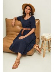 Joséfine Lniana sukienka "Gustav" w kolorze granatowym rozmiar: XL. Niebieskie sukienki damskie Joséfine, xl, bez wzorów, ze lnu, bez kołnierzyka, bez ramiączek, midi, rozkloszowane. Za 195.99 zł.