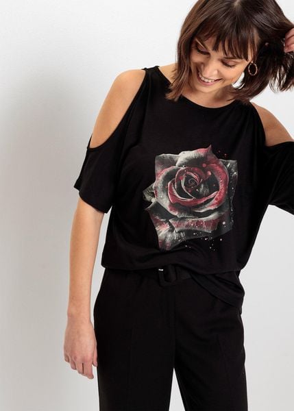 Bluzka z wiskozy z odkrytymi ramionami. Czarne bluzki damskie bonprix, bez wzorów, z wiskozy, bez kołnierzyka, bez ramiączek. Za 64.99 zł.