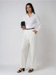 Spodnie palazzo z domieszką lnu - biały. Białe spodnie materiałowe damskie Sinsay, bez wzorów. Za 59.99 zł.