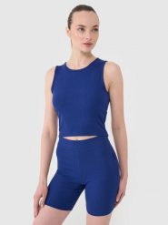 4F Crop top dzianinowy damski - granatowy M. Niebieskie topy damskie 4f, m, bez wzorów, z bawełny, bez kołnierzyka. W wyprzedaży za 29.99 zł.