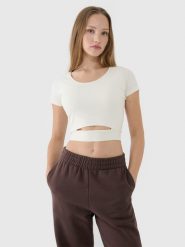 T-shirt crop top gładki damski 4F 4FRSS25TTSHF2695. Niebieskie t-shirty damskie 4f, m, bez wzorów, z bawełny, bez kołnierzyka. Za 34.99 zł.