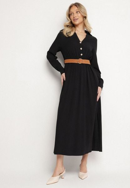 Czarna Rozkloszowana Sukienka z Wiskozy z Elastycznym Paskiem i Rozcięciem Reilivra. Czarne sukienki damskie Born2be, na co dzień, l, bez wzorów, z jeansu, eleganckie, bez kołnierzyka, bez ramiączek, maxi, rozkloszowane. Za 129.99 zł.