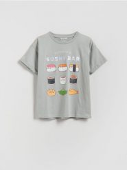 T-shirt Pusheen - jasnoszary. Szare koszulki dziewczęce Reserved, bez wzorów, z bawełny, bez ramiączek. Za 45.99 zł.