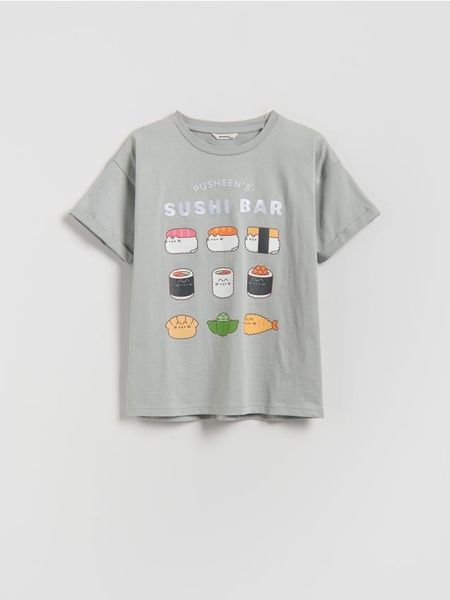 T-shirt Pusheen - jasnoszary. Szare koszulki dziewczęce Reserved, bez wzorów, z bawełny, bez ramiączek. Za 45.99 zł.
