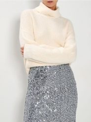 Prążkowany golf - kremowy. Białe golfy damskie Sinsay, l, bez wzorów, prążkowane, bez ramiączek. Za 49.99 zł.