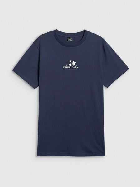 4F T-shirt oversize z nadrukiem damski - granatowy M. Niebieskie t-shirty damskie 4f, m, bez wzorów, z dzianiny, bez kołnierzyka. Za 79.99 zł.