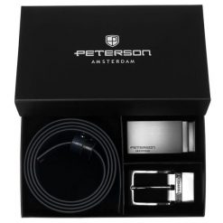 Zestaw prezentowy: dwustronny pasek skórzany w granatowym i czarnym kolorze Peterson PTN KL-B005S001 N. Czarne paski męskie Peterson, bez wzorów, ze skóry, eleganckie. Za 139.99 zł.