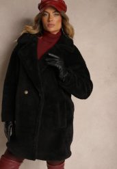 Czarny Dwurzędowy Płaszcz Futrzany o Długim Kroju Typu Teddy Malwika. Czarne płaszcze damskie Renee, l, z aplikacjami, z dzianiny, eleganckie. Za 159.99 zł.