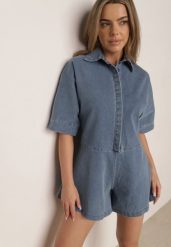 Niebieski Krótki Kombinezon Jeansowy z Kołnierzykiem w Stylu Retro Aelixera. Niebieskie kombinezony damskie Born2be, l, bez wzorów, z jeansu, klasyczne, bez kołnierzyka, bez ramiączek, długie. Za 219.99 zł.