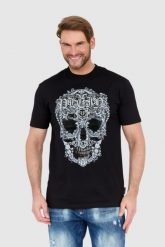 PHILIPP PLEIN Czarny męski t-shirt z czaszką zdobioną dżetami. Czarne t-shirty męskie Philipp Plein, l, z aplikacjami, bez kołnierzyka. W wyprzedaży za 2,599.99 zł.