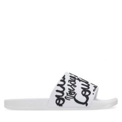 Klapki Versace Jeans Couture. Białe klapki damskie Versace Jeans Couture, bez wzorów, z jeansu, bez obcasa. Za 229.99 zł.