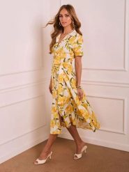 Milan Kiss Sukienka w kolorze żółto-zielono-kremowym rozmiar: M. Brązowe sukienki damskie Milan Kiss, m, bez wzorów, z tkaniny, bez kołnierzyka, bez ramiączek, midi, rozkloszowane. Za 208.99 zł.