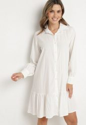 Biała Sukienka z Wiskozą o Koszulowym Kroju z Falbanką Penzedi. Białe sukienki damskie Born2be, na co dzień, uniwersalny, bez wzorów, z wiskozy, eleganckie, bez kołnierzyka, bez ramiączek, mini, koszulowe. Za 89.99 zł.