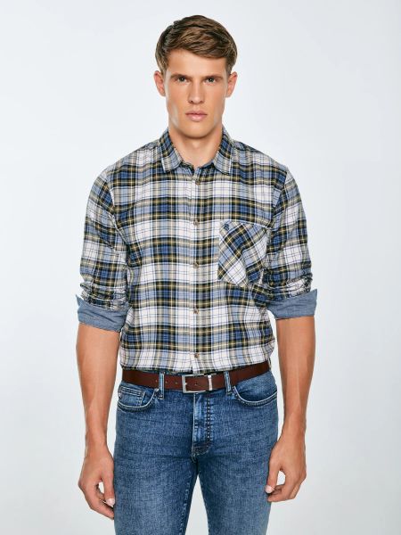 Koszula męska flanelowa w kratę niebiesko-beżowa Koner 401. Niebieskie koszule męskie Big Star, l, bez wzorów, z jeansu, bez kołnierzyka, bez ramiączek. W wyprzedaży za 159.99 zł.