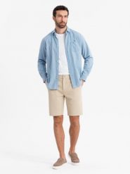 Szorty męskie ze strukturalnej dzianiny SLIM FIT – piaskowe V3 OM-SRCS-0169 - XXL. Brązowe szorty męskie Ombre Clothing, z bawełny, bez kołnierzyka. W wyprzedaży za 109.99 zł.