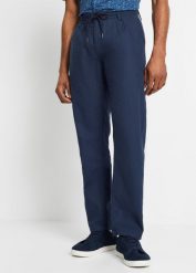 Spodnie ze sznurkiem w pasie z mieszanki lnu o prostych nogawkach i kroju relaxed fit. Białe spodnie materiałowe męskie bonprix, bez wzorów. Za 159.99 zł.