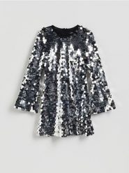 Sukienka z cekinami - srebrny. Szare sukienki damskie Reserved, l, bez wzorów, z dzianiny, bez kołnierzyka, bez ramiączek, mini. Za 259.99 zł.