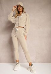 Ciemnobeżowy Komplet Dresowy z Dodatkiem Bawełny Spodnie z Gumką w Talii Bluza z Kapturem Sesaria. Brązowe bluzy z kapturem damskie Renee, l, z bawełny. Za 129.99 zł.