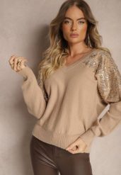 Ciemnobeżowy Sweter o Kroju Nietoperza Ozdobiony Cekinami i Cyrkoniami Nevarraea. Brązowe swetry klasyczne damskie Renee, z jeansu, bez kołnierzyka. Za 119.99 zł.