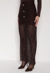 Brązowa Dzianinowa Spódnica z Wiskozą Zdobiona Koronką i Guzikami Sewora. Brązowe spódniczki damskie Born2be, m, z aplikacjami, z dzianiny, klasyczne, maxi, oversize. Za 129.99 zł.