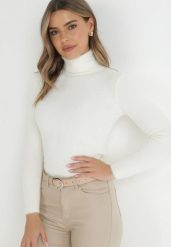 Biały Golf Wełniany Prążkowany Ona. Białe golfy damskie Born2be, xs, bez wzorów, z dzianiny, bez ramiączek. Za 59.99 zł.