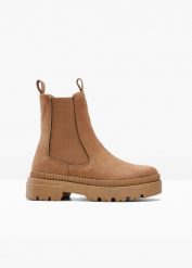 Sztyblety. Brązowe botki damskie bonprix, bez obcasa, bez zapięcia. Za 149.99 zł.