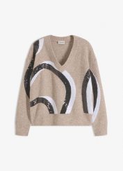 Sweter z aplikacją z cekinów. Brązowe swetry klasyczne damskie bonprix, bez kołnierzyka. Za 159.99 zł.