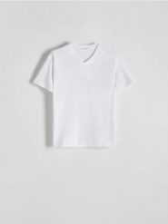 T-shirt slim z dekoltem V - biały. Białe t-shirty męskie Reserved, l, bez wzorów, z bawełny, bez kołnierzyka. Za 69.99 zł.
